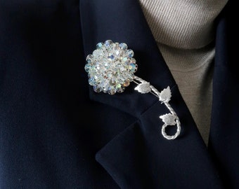 Broche vintage de flor de cristal de aurora boreal, broche de cuentas de cristal, broche llamativo, broche de flores grande, broche de boda, regalo para ella