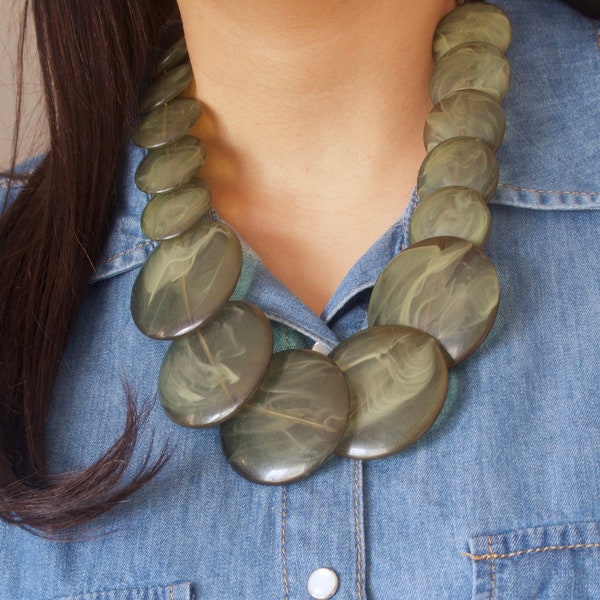 Vintage Green Round Bead Necklace - Disc Bead Necklace - Green Necklace - Statement Necklace