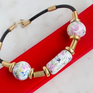 Vintage Floral Porcelain Bead Necklace - Leather Necklace image 1