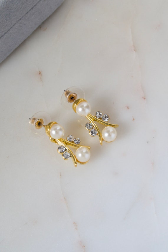 Vintage Pearl Rhinestone Dangle Earrings Gold Pea… - image 2