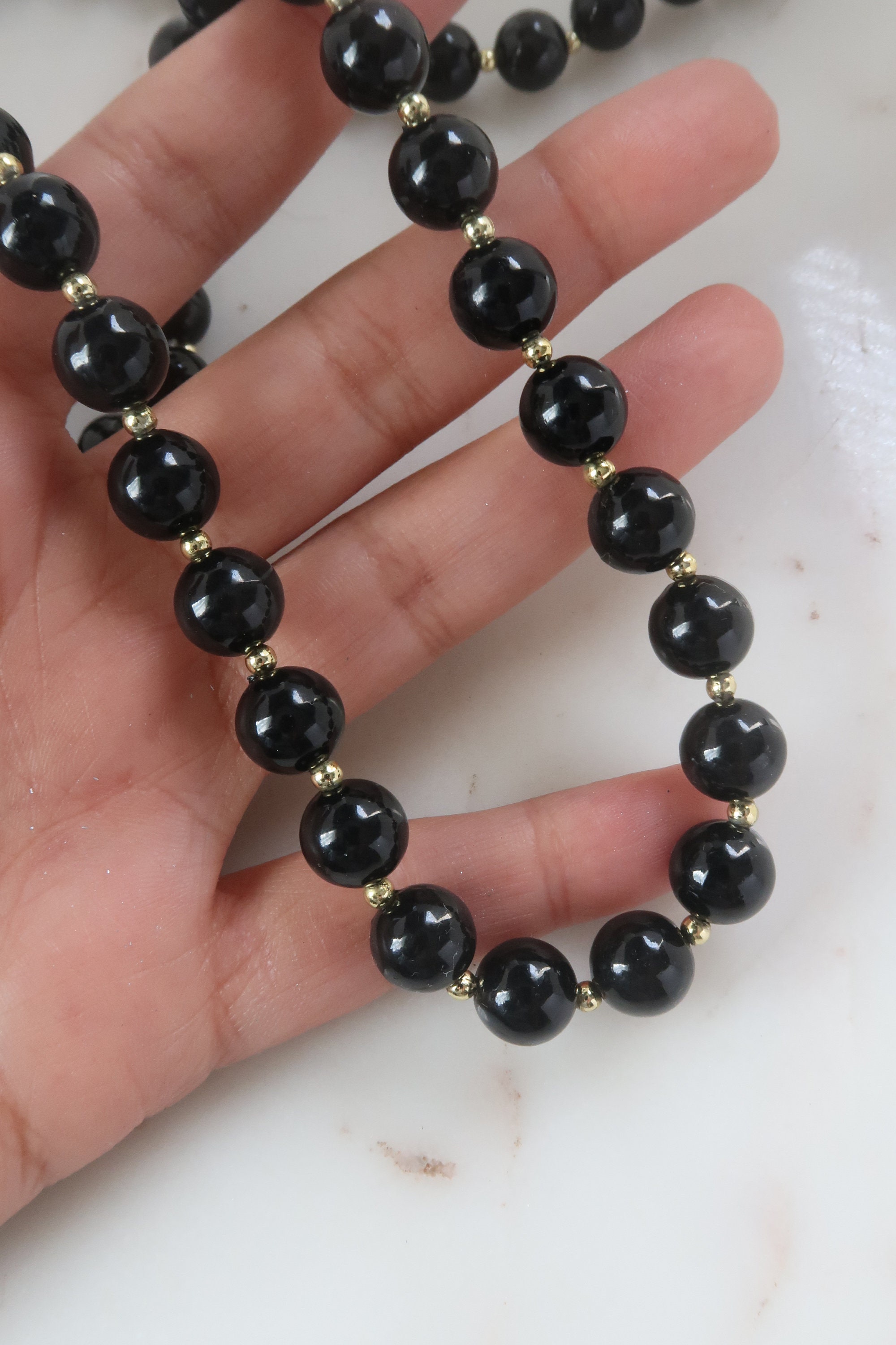 【VINTAGE HOLLYWOOD】Black Stone Beads Necklace_VH2478NE072M Vintage Black Beaded Necklace Statement Necklace Black Ball