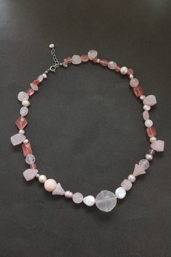 Vintage Gemstone Beaded Necklace - Pink Quartz Bea