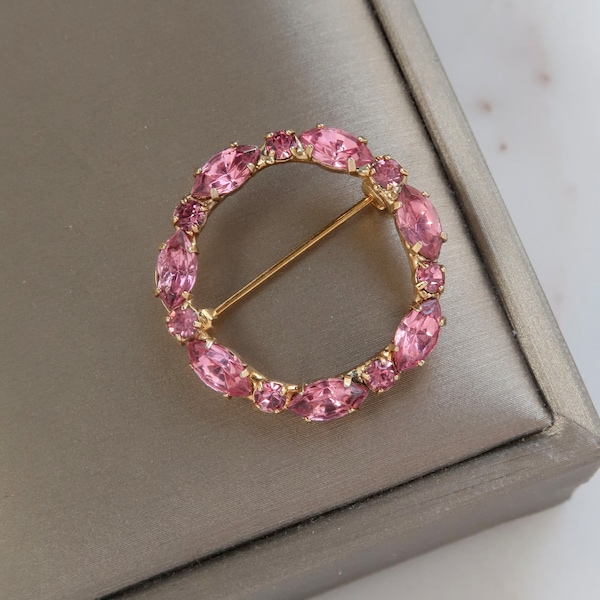 Vintage Pink Rhinestone Circle Brooch