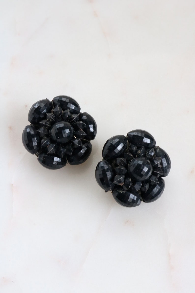 Vintage Black Cluster Clip On Earrings