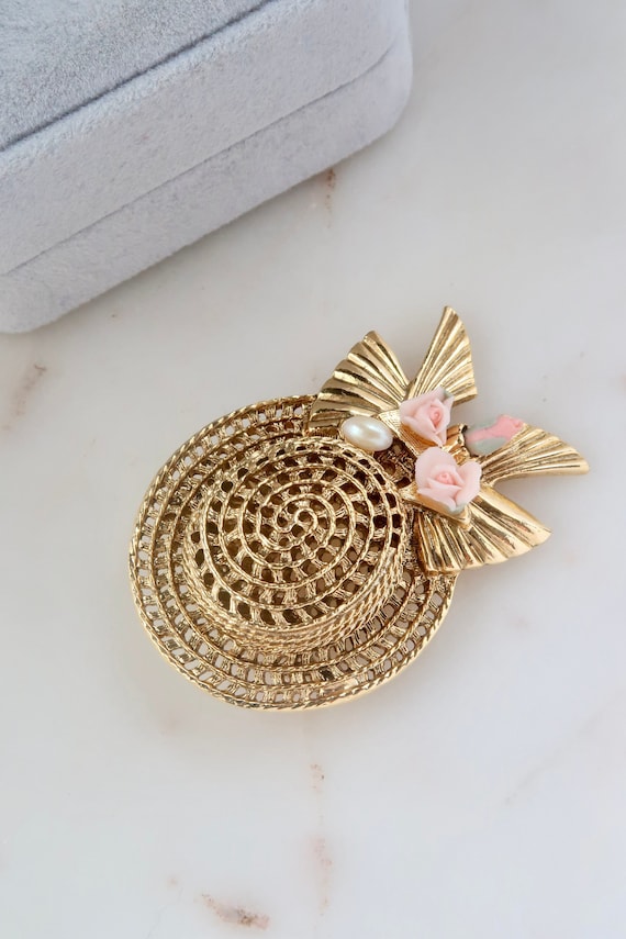 Vintage Gold Hat Brooch Pink Rose Porcelain Bow Pi
