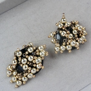 Vintage Black and Gold Beaded Clip On Earrings