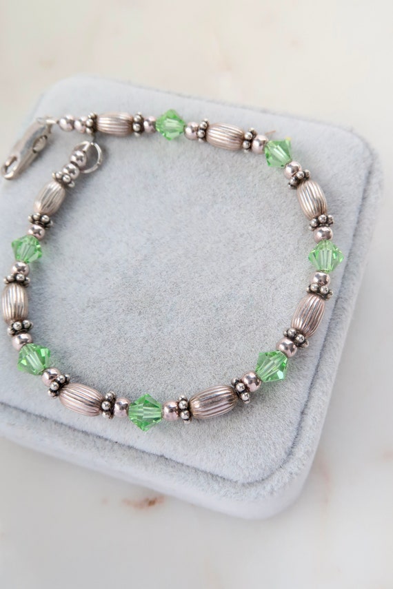 Vintage Sterling Silver Bead Bracelet Green Crysta