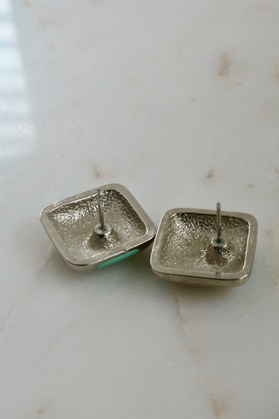 Vintage Avon Silver and Green Enamel Square Earri… - image 7