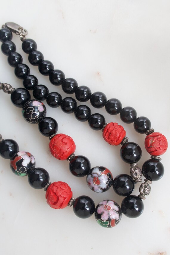Vintage Chinese Cloisonné Cinnabar Bead Necklace Gem