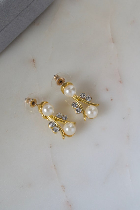 Vintage Pearl Rhinestone Dangle Earrings Gold Pea… - image 5