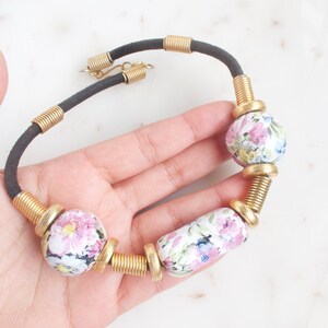Vintage Floral Porcelain Bead Necklace - Leather Necklace image 3