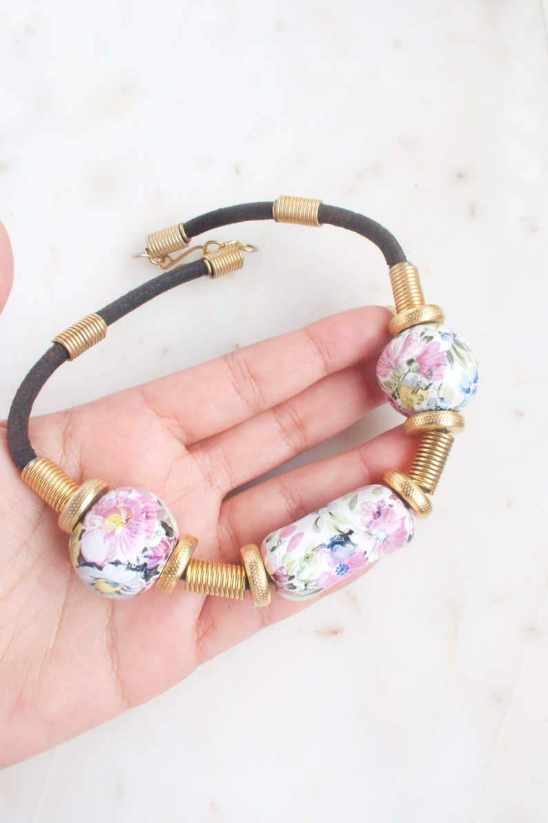 Vintage Floral Porcelain Bead Necklace - Leather Necklace image 3