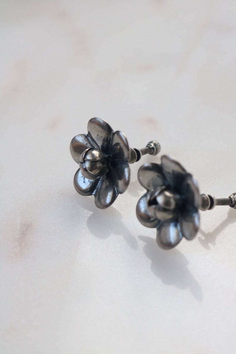 Silver Flower Earrings Boho Silver Earrings Vintage Sterling Silver Rose Flower Earrings Tribal Flower Earrings