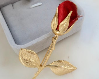 Vintage Red Rose Flower Brooch