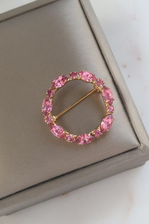 Vintage Pink Rhinestone Circle Brooch - image 2