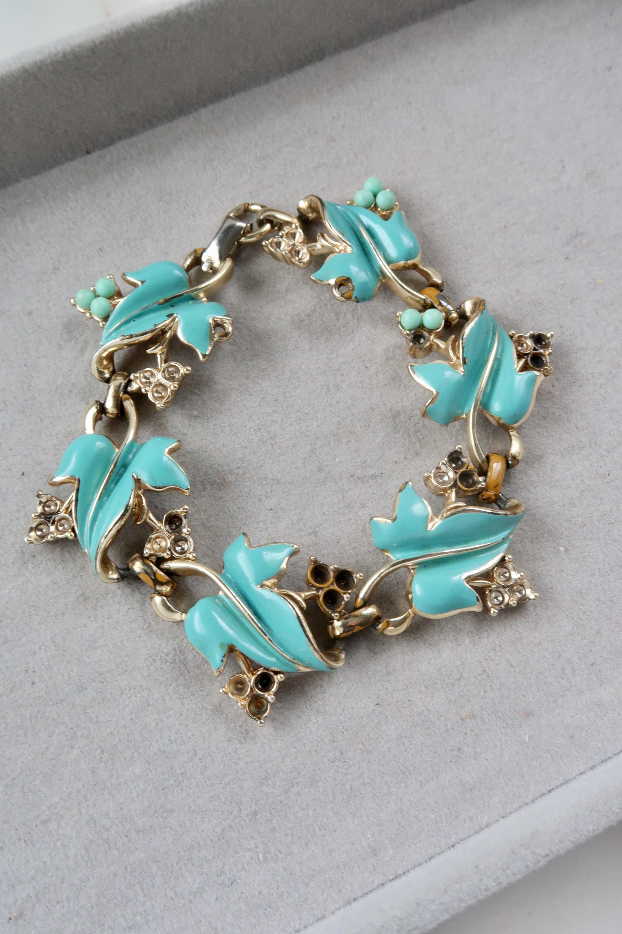 Vintage 1950s CORO Blue Enamel Leaf Link Bracelet - Etsy