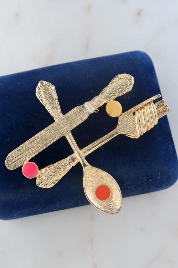 Vintage Gold Kitchenware Brooch: Knife, Spoon & Fork