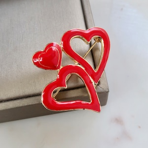 Vintage Red Enamel Hearts Brooch