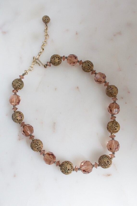 Vintage Brown Crystal & Gold Filigree Bead Neckla… - image 10