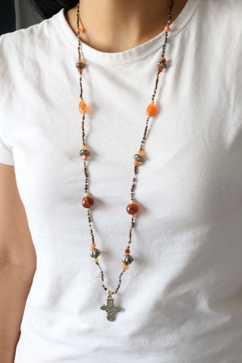 Vintage Long Beaded Cross Necklace Natural Agate Bead Etsy