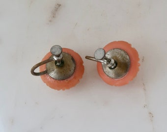 Boucles D'oreilles Clips Vintage En Celluloïd - Fleur Rose Pêche à Congé Or - Occasion