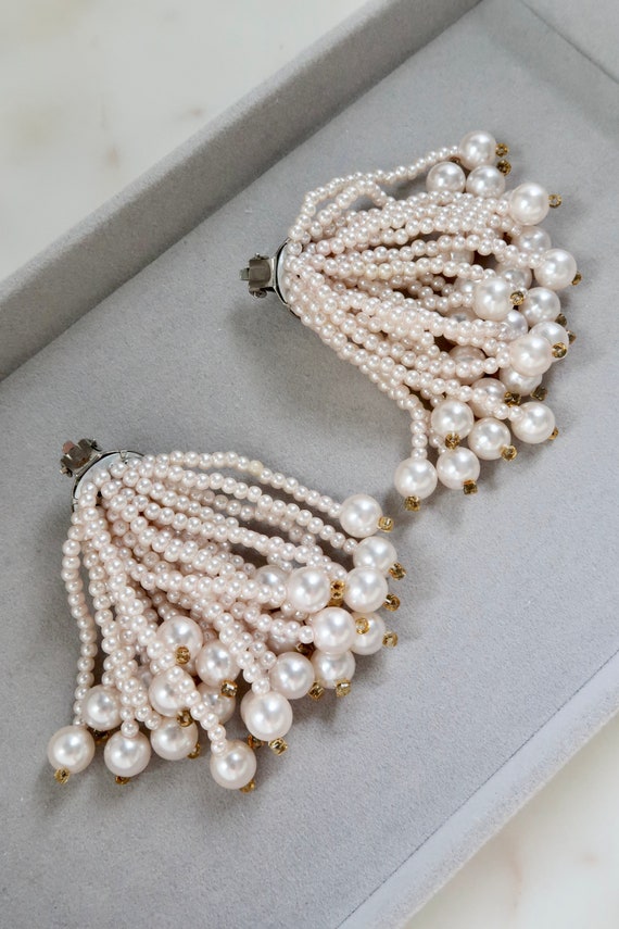 Vintage Pearl Fringe Dangle Clip On Earrings