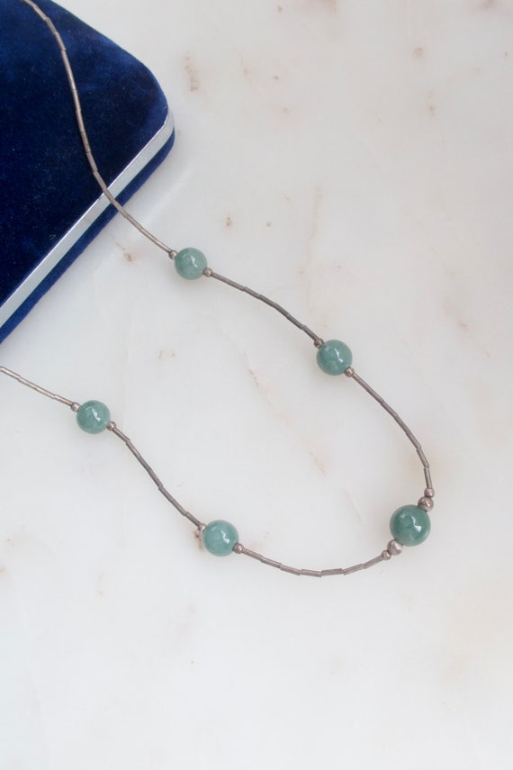 Sterling Silver Green Aventurine Bead Necklace - Gemstone Necklace - Green Stone Necklace - Tube Bead Necklace - Minimalist Necklace