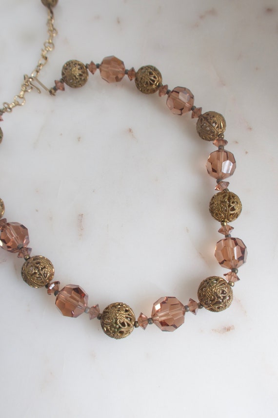 Vintage Brown Crystal & Gold Filigree Bead Neckla… - image 9