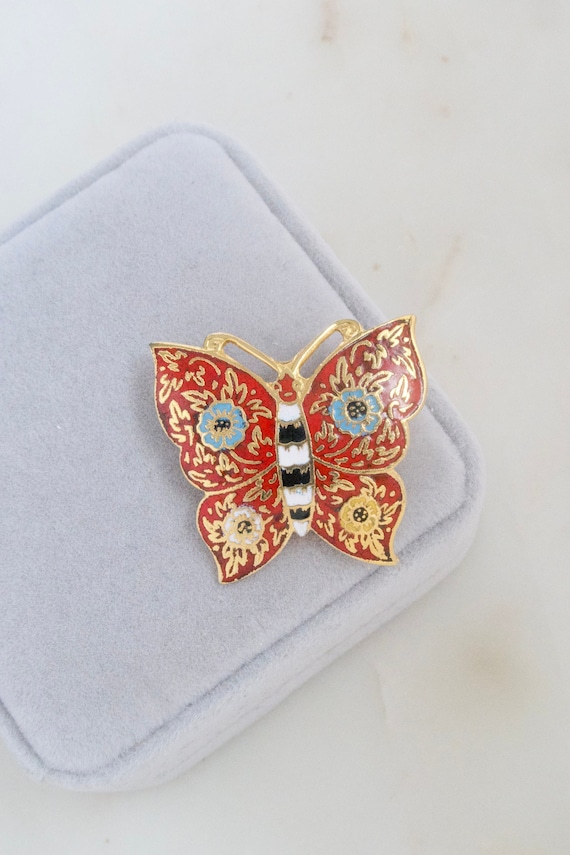 Vintage Red Butterfly Brooch - Floral Butterfly Br