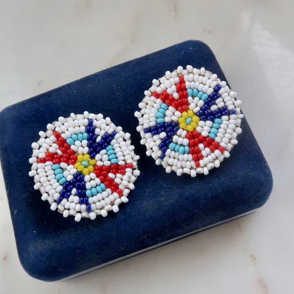 Vintage Native American Earrings Beaded Rosette Earrings Statement Earrings Gift For Her Handmade Earrings