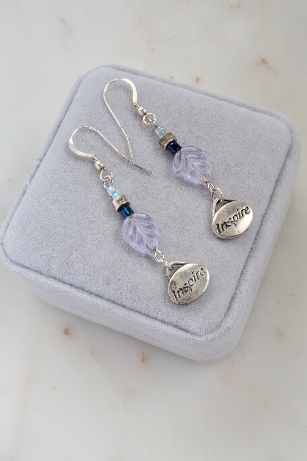 Vintage SJC Sterling Inspire Dangle Earrings Leaf Bead Drop