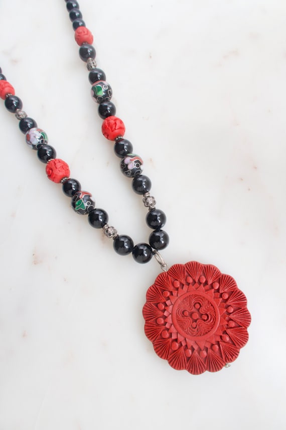 Vintage Chinese Cloisonné Cinnabar Bead Necklace Gem