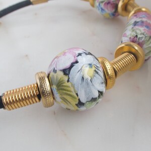 Vintage Floral Porcelain Bead Necklace - Leather Necklace image 6