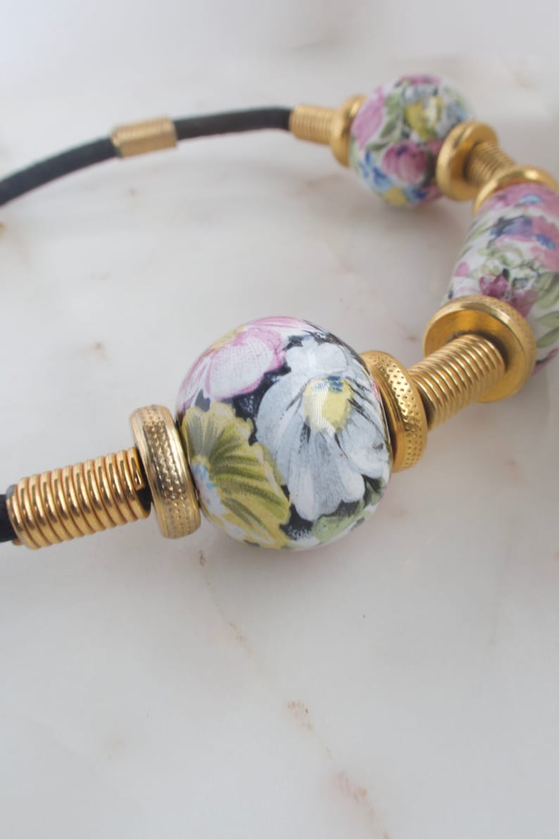 Vintage Floral Porcelain Bead Necklace - Leather Necklace image 6