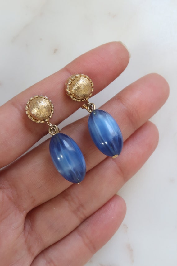 Vintage Blue Dangle Clip On Earrings - image 2