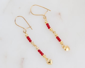 Vintage Gold Heart Dangle Earrings - Red Beaded Earrings