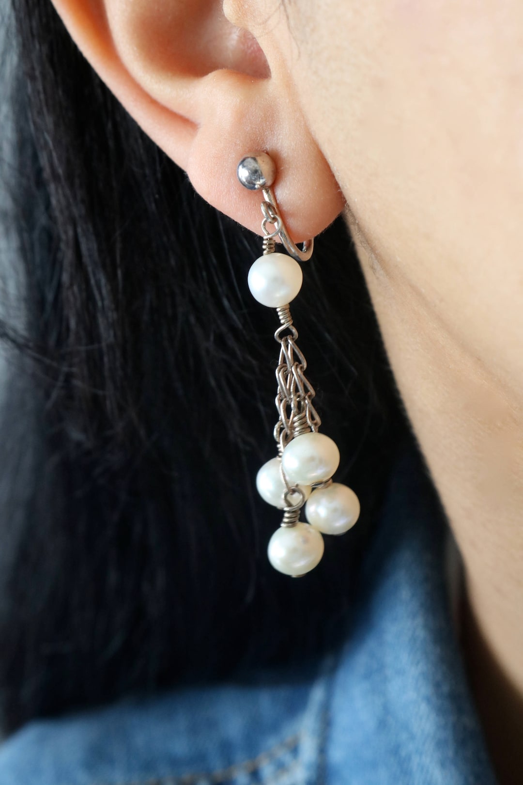 Paire De Boucles D'oreilles Anciennes Pendantes - Perles Et Argent Massif - Clips