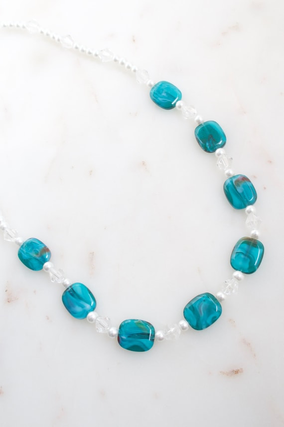 Vintage Teal Glass Bead Necklace - Pearl Bead Necklace