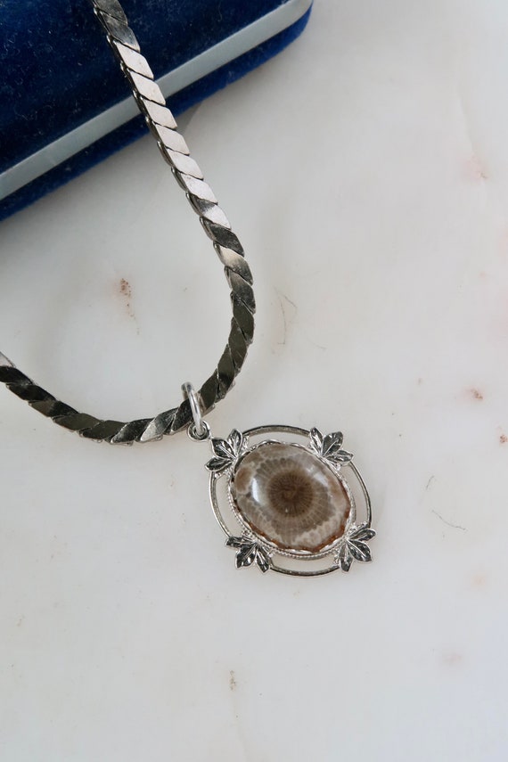 Vintage Petoskey Stone Pendant Necklace Fossil Cor