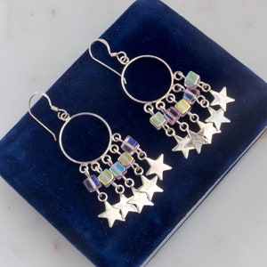 Sterling Silver Star Dangle Earrings - Star Tassel Dangle - Pink Glass Earrings - Sterling Hoop Earrings - Geometric Earrings - Gift For Her