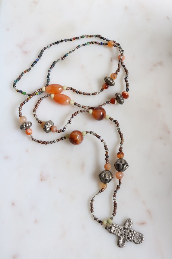 Vintage Long Beaded Cross Necklace - Natural Agate