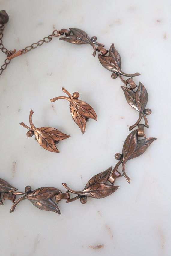 Vintage Copper Leaf Link Necklace Earrings Set Cop