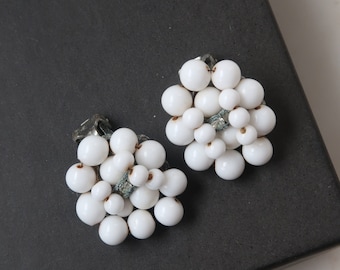Vintage 1960s Japan White Bead Cluster Earrings