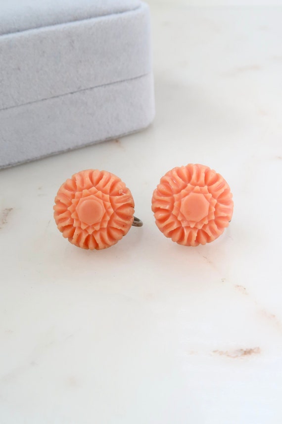 Boucles D'oreilles Vintage En Celluloïd Rose Pêche, Or Rose, Style Clip Délicat - Pièce Unique