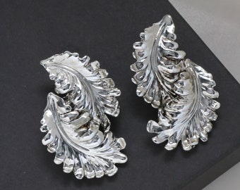 Vintage 1980s Silver Double Leaf Clip On Earrings, Statement Jewelry, Leaf Ear Climbers, Gift For Her