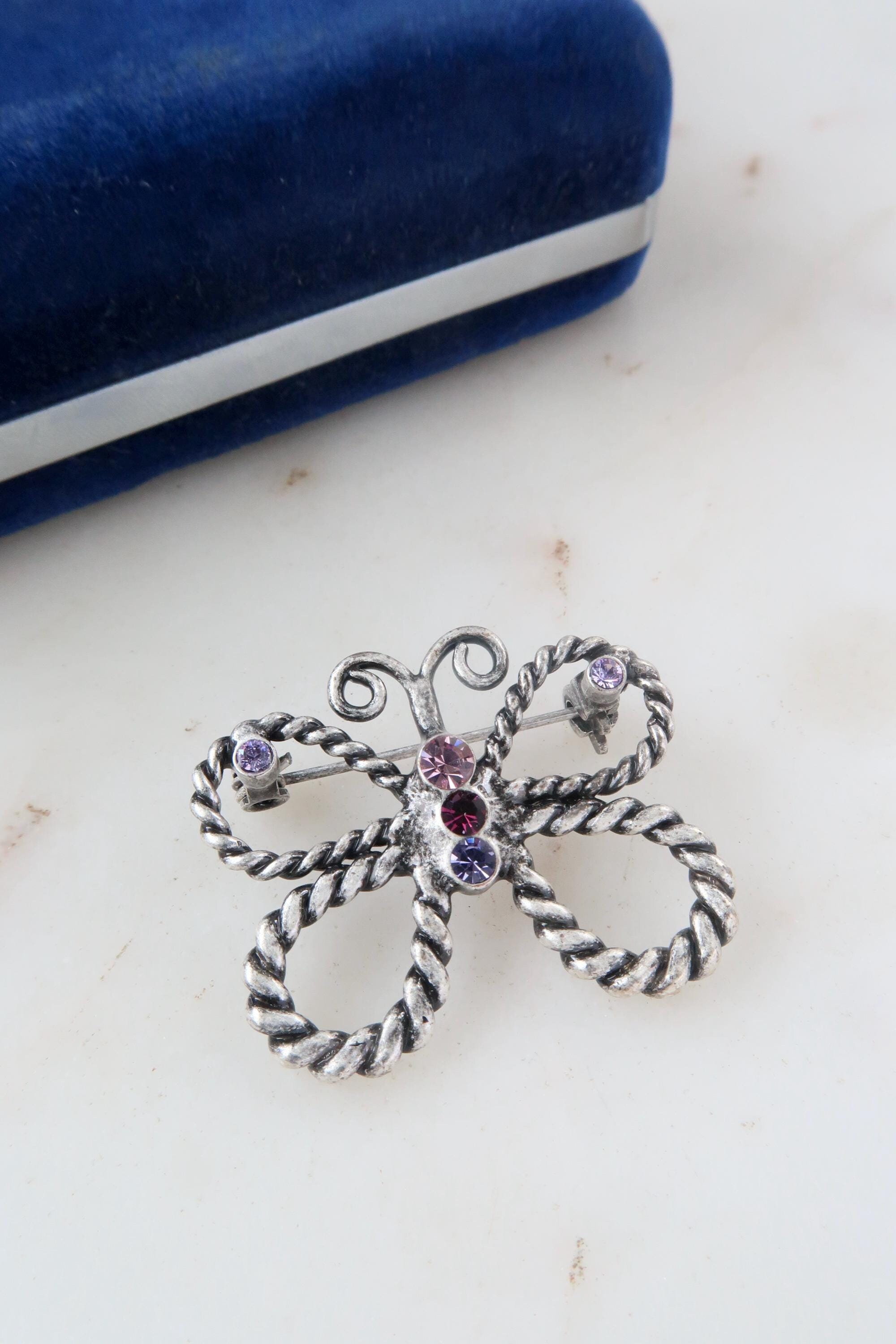 Spilla Farfalla Antica Con Strass E Gemma Viola &ndash; Tono Canna Di Fucile, Donna