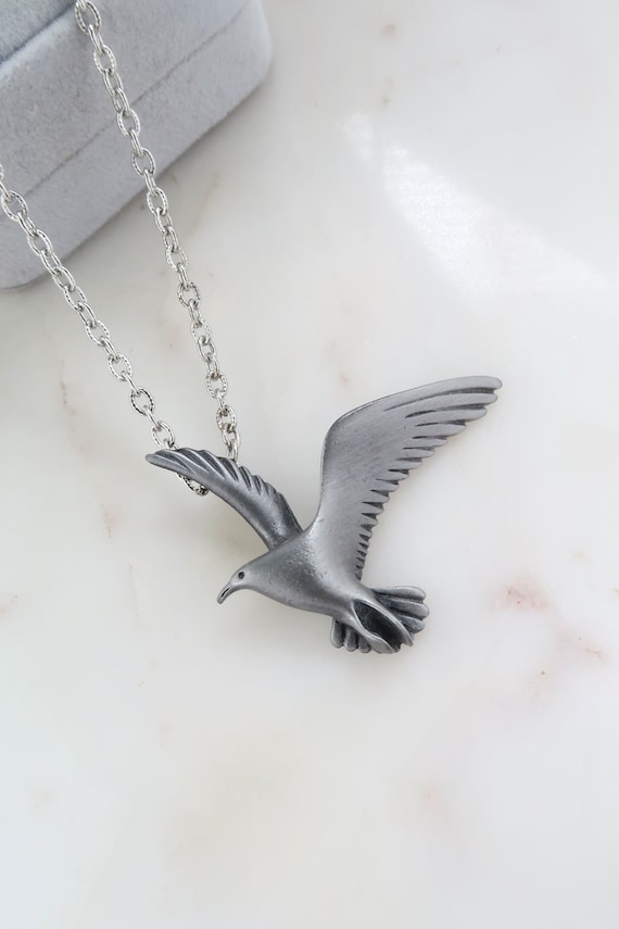 Vintage Genuine Pewter Seagull Necklace Flying Bir