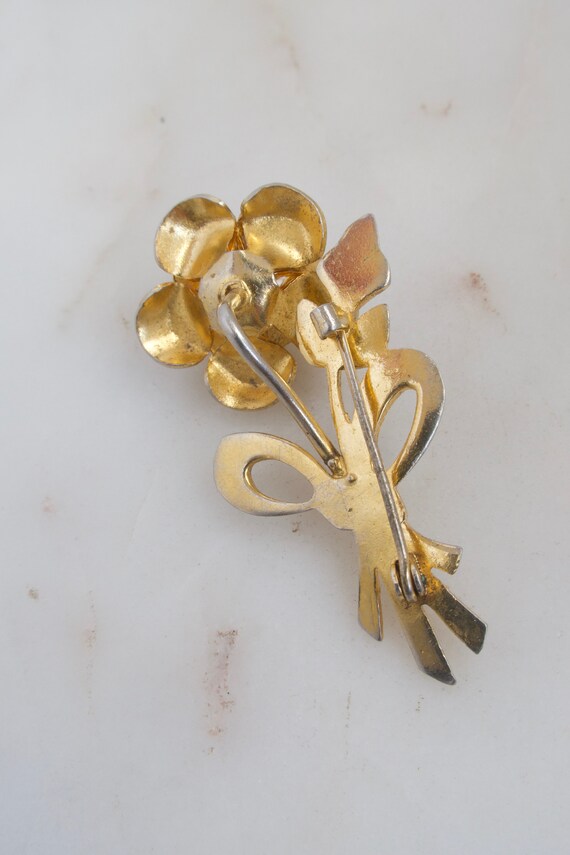 Vintage Damascene Flower Brooch Gold Flower Pin G… - image 9