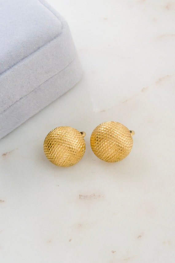 Vintage Crown Trifari Gold Button Clip On Earring… - image 1