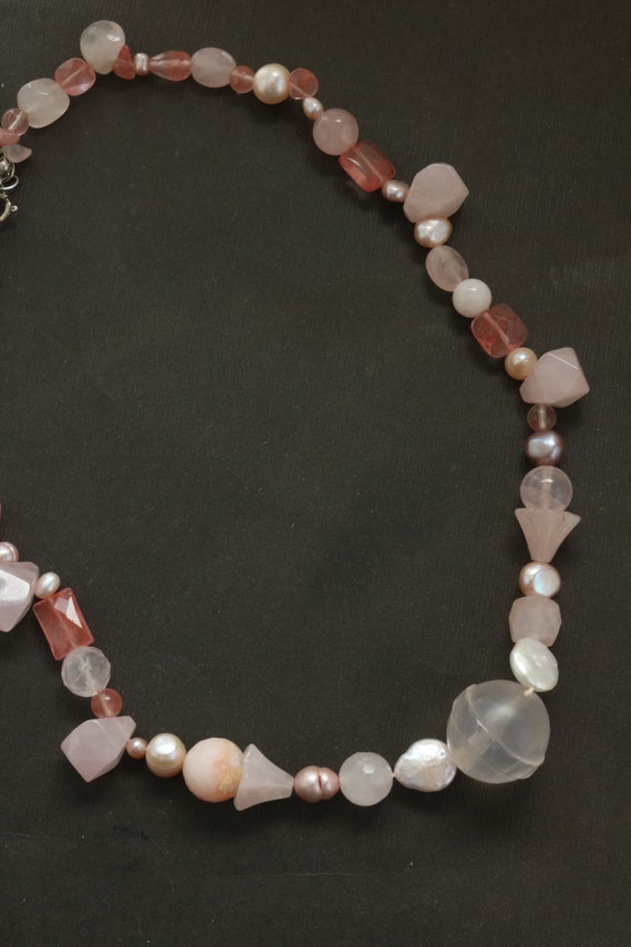 Vintage Gemstone Beaded Necklace - Pink Quartz Be… - image 3